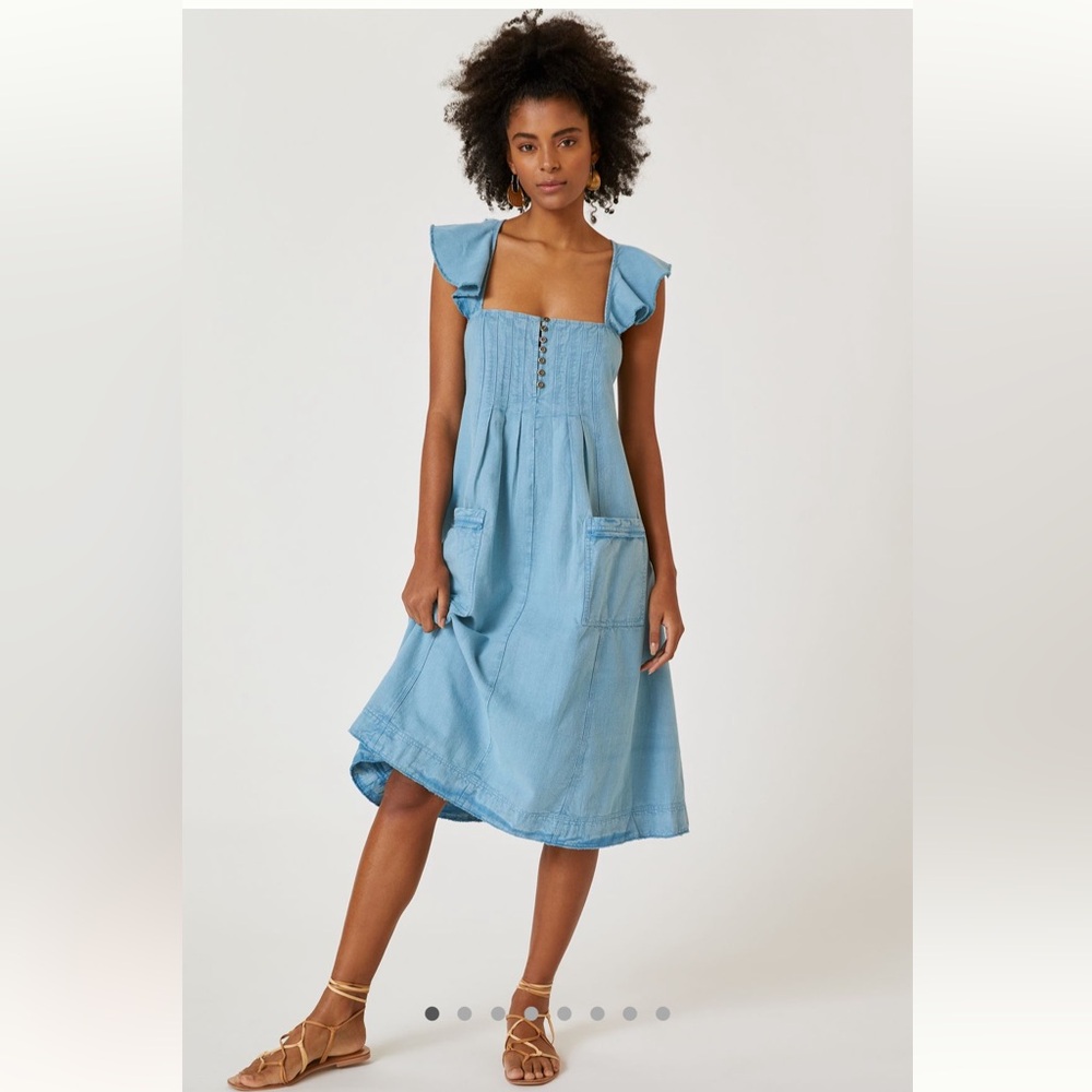 Pilcro Chambray Blue Button-Front Midi Dress with Ruffle Sleeves